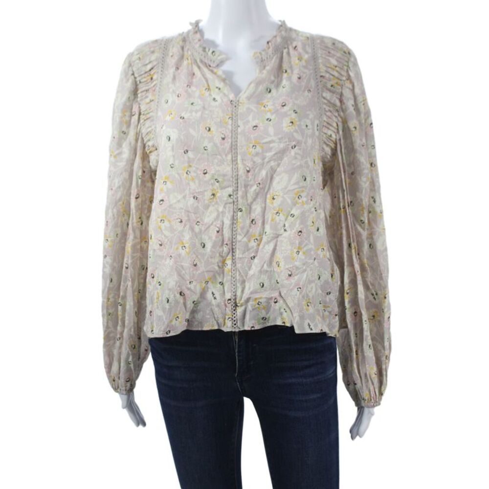 The Westside Womens Boho Floral Cotton Long Sleeve Blouse Beige Size S